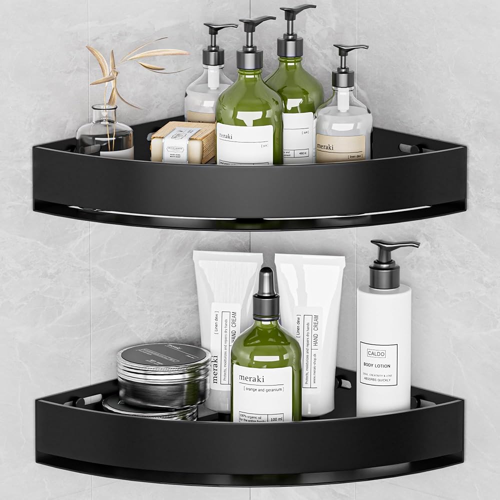 Two tier corner shower shelf holding bottles in a small bathroom