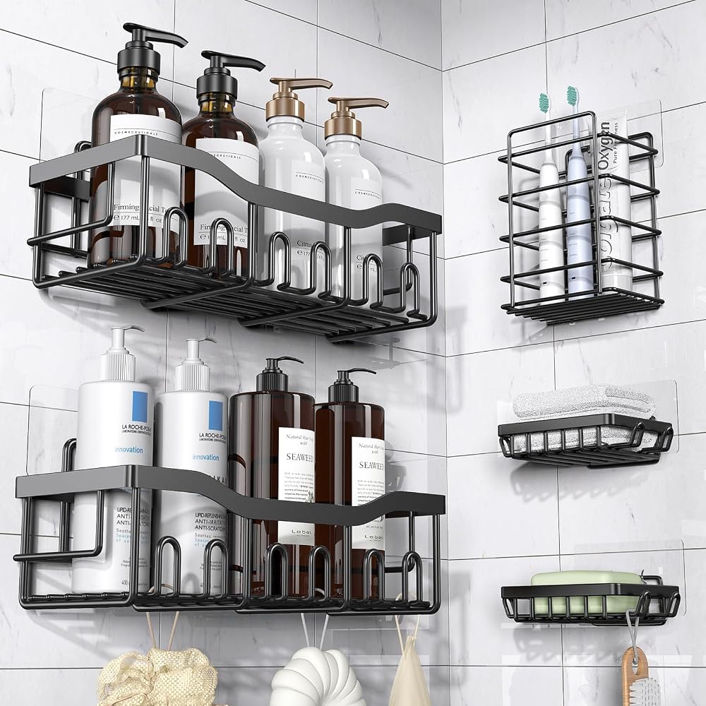 Adhesive corner shower shelf for small apartment bathrooms