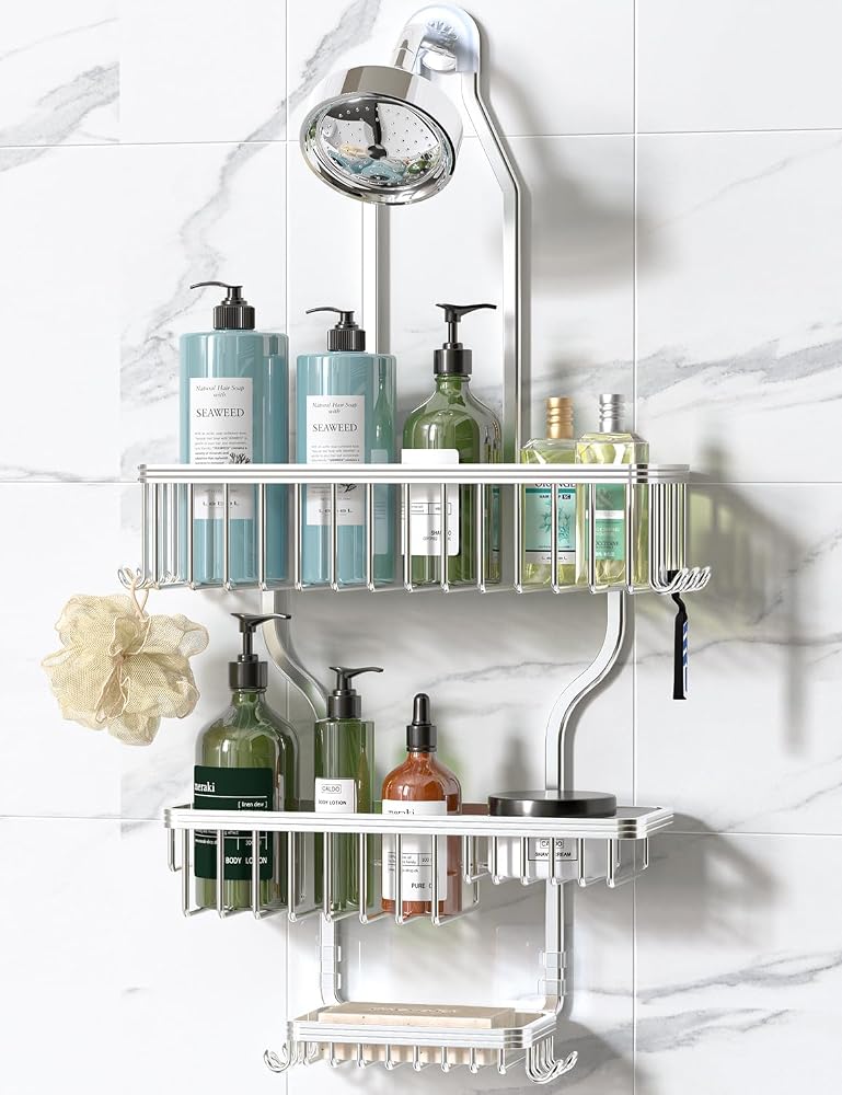 Over-the-showerhead shower caddy with hanging hooks