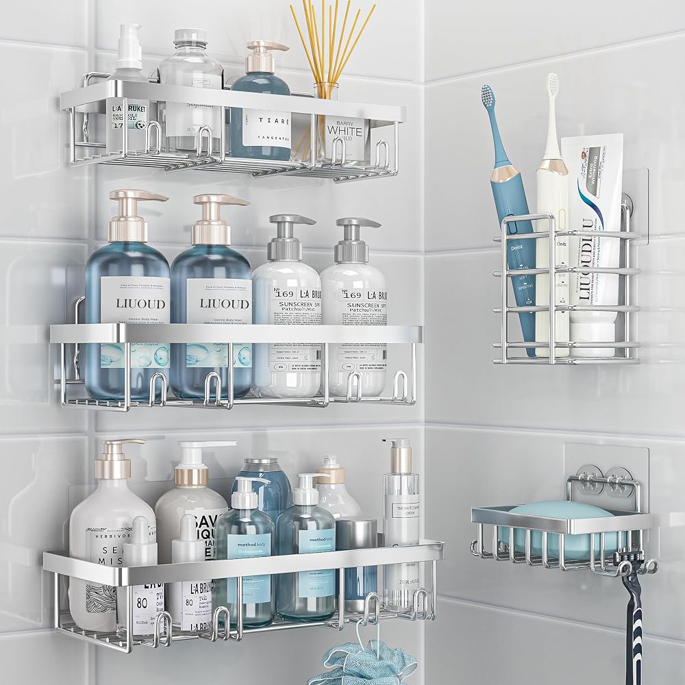 Minimalist stainless steel shower shelf mounted on a tiled wall