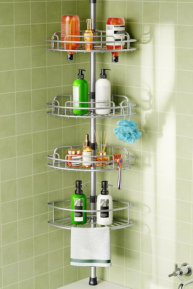 Tension pole corner shower caddy with several storage levels