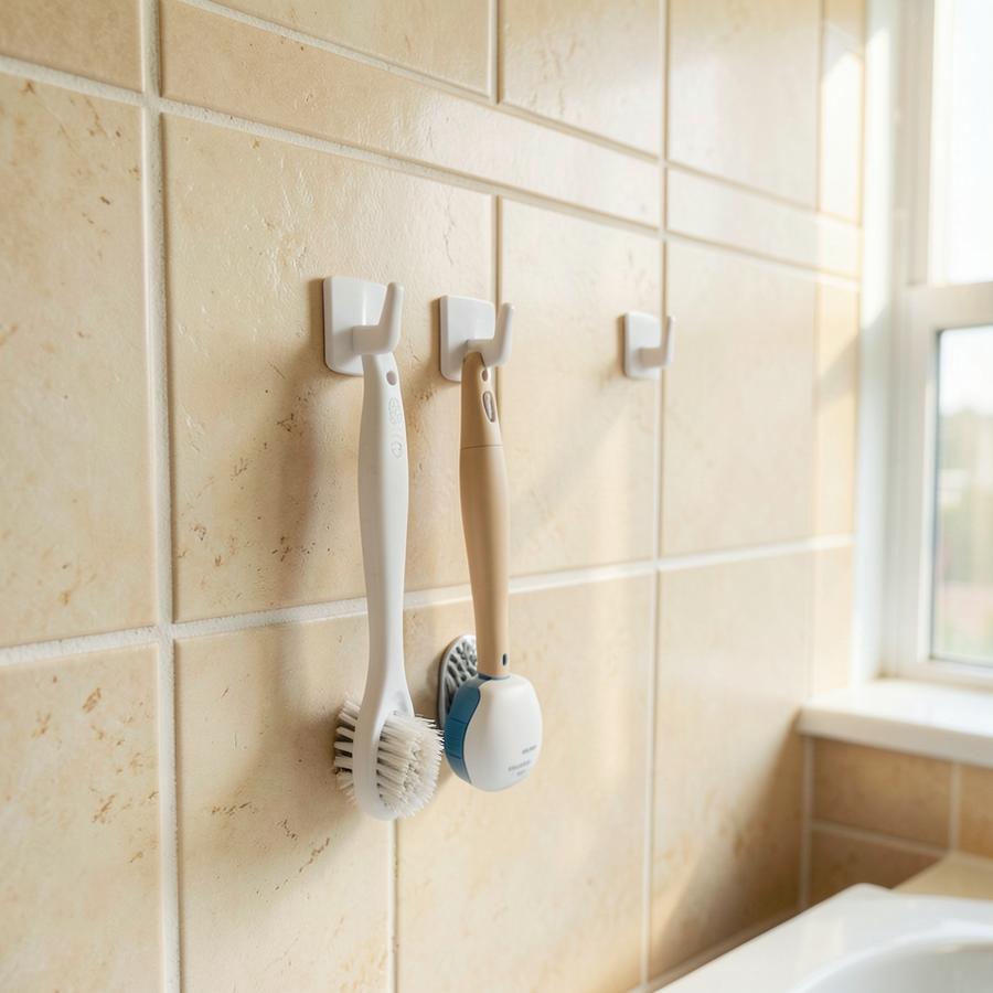 Adhesive hooks on a tiled bathroom wall holding brushes