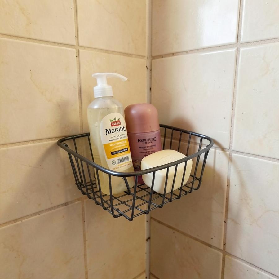 Small wire basket mounted inside a tiled shower holding toiletries