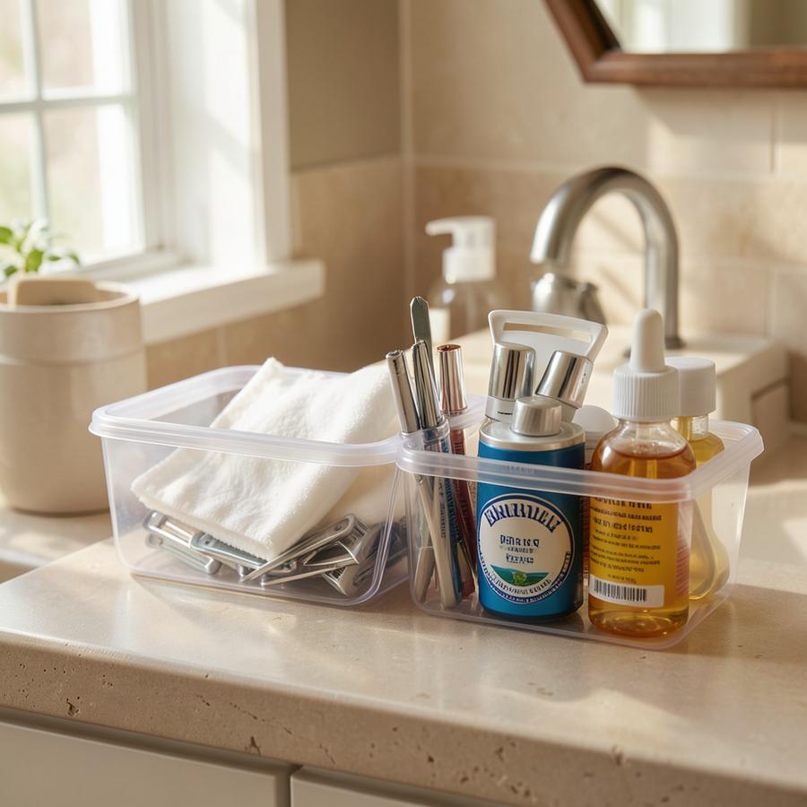 Clear waterproof containers holding small bathroom items