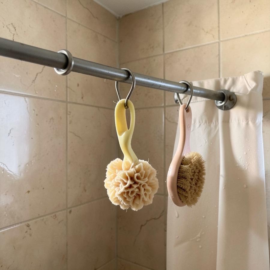 Shower rod with hooks holding a loofah and bath brush in an apartment bathroom