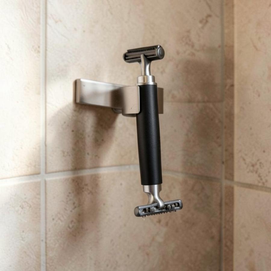 Minimalist razor holder attached to a tiled shower wall