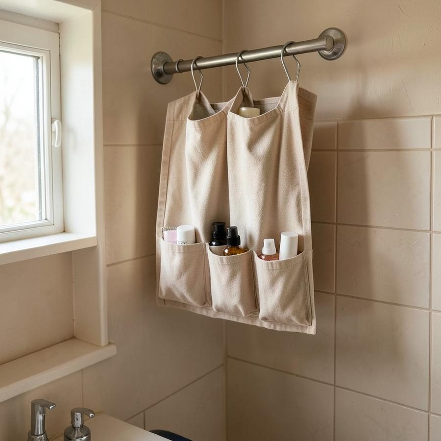 Fabric organizer with pockets hanging from a shower rod