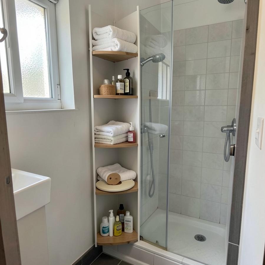 Tall narrow bathroom shelf beside a compact shower