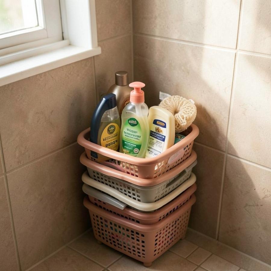 Stackable baskets organizing shampoo, conditioner and soap in a shower corner