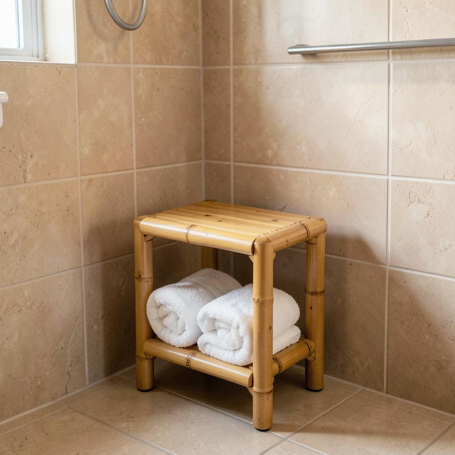 Bamboo bathroom stool with storage shelf in a compact bathroom